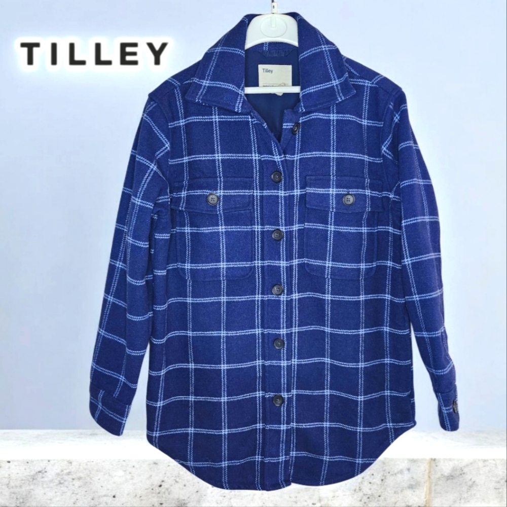 Warm Wool Blend Tilley Navy Blue Windowpane Shirt Jacket size XS